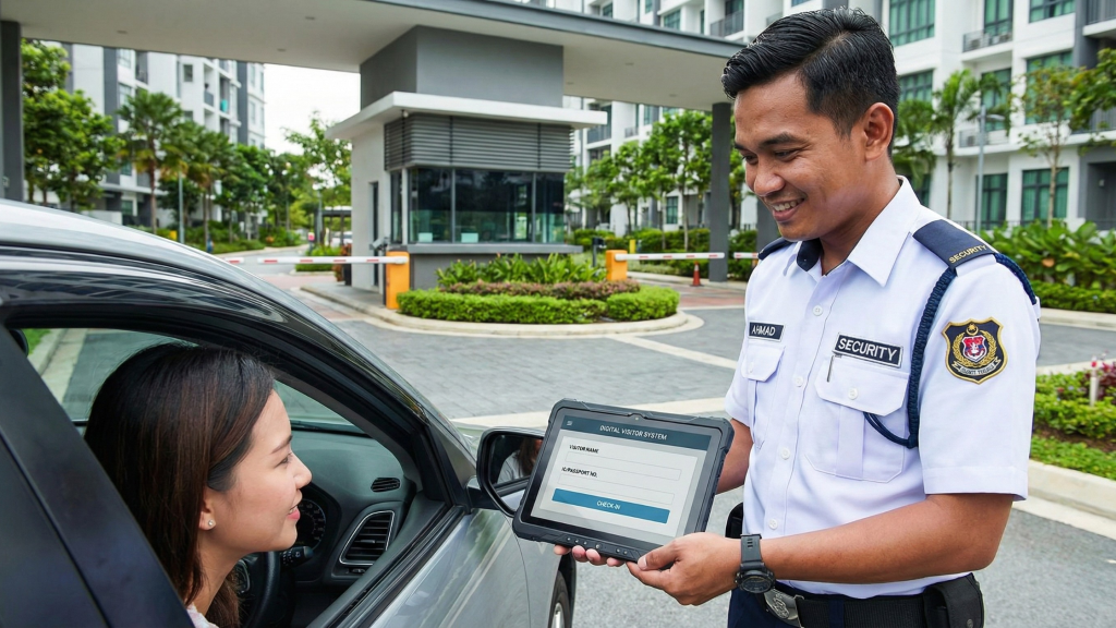Security guard using Digital Visitor System at a residential entrance.